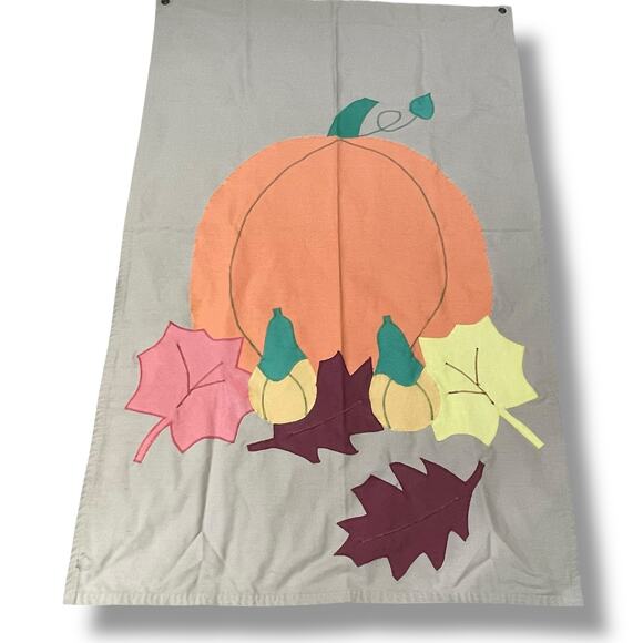 Fall Pumpkin Squash Leaves Flag Grommets House Outdoor Decor Vintage 54" x 35"W - Picture 12 of 13
